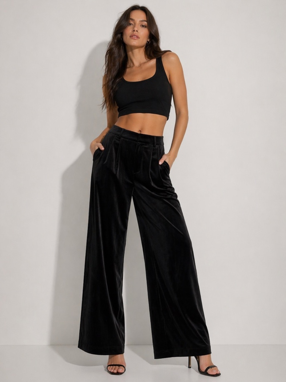 AKIRA Black Velvet Wide Leg Pants ✨ High Waist Flowy | Size M | Chic Lounge Glam